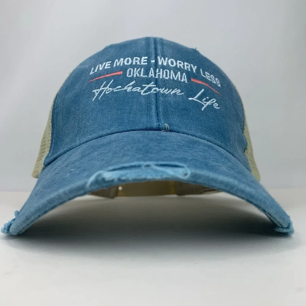 Hochatown Life Oklahoma Hat Blue Distressed Adjustable Snap Mesh Baseball Cap